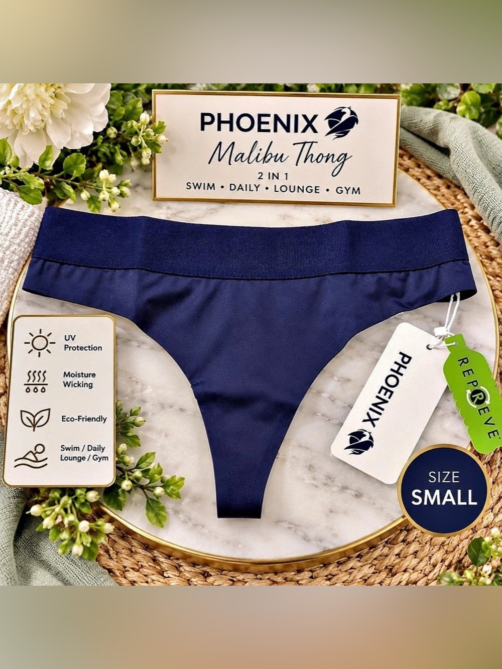 PHOENIX Malibu Thong Navy Blue 2-in-1 Swim, Gym, Lounge, Sm, Moisture Wicking NW